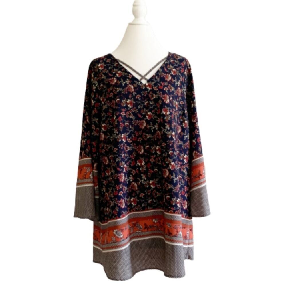 Love Richie Dress Tunic Navy Orange Mixed Floral Print Wide Sleeve Plus Size 1X